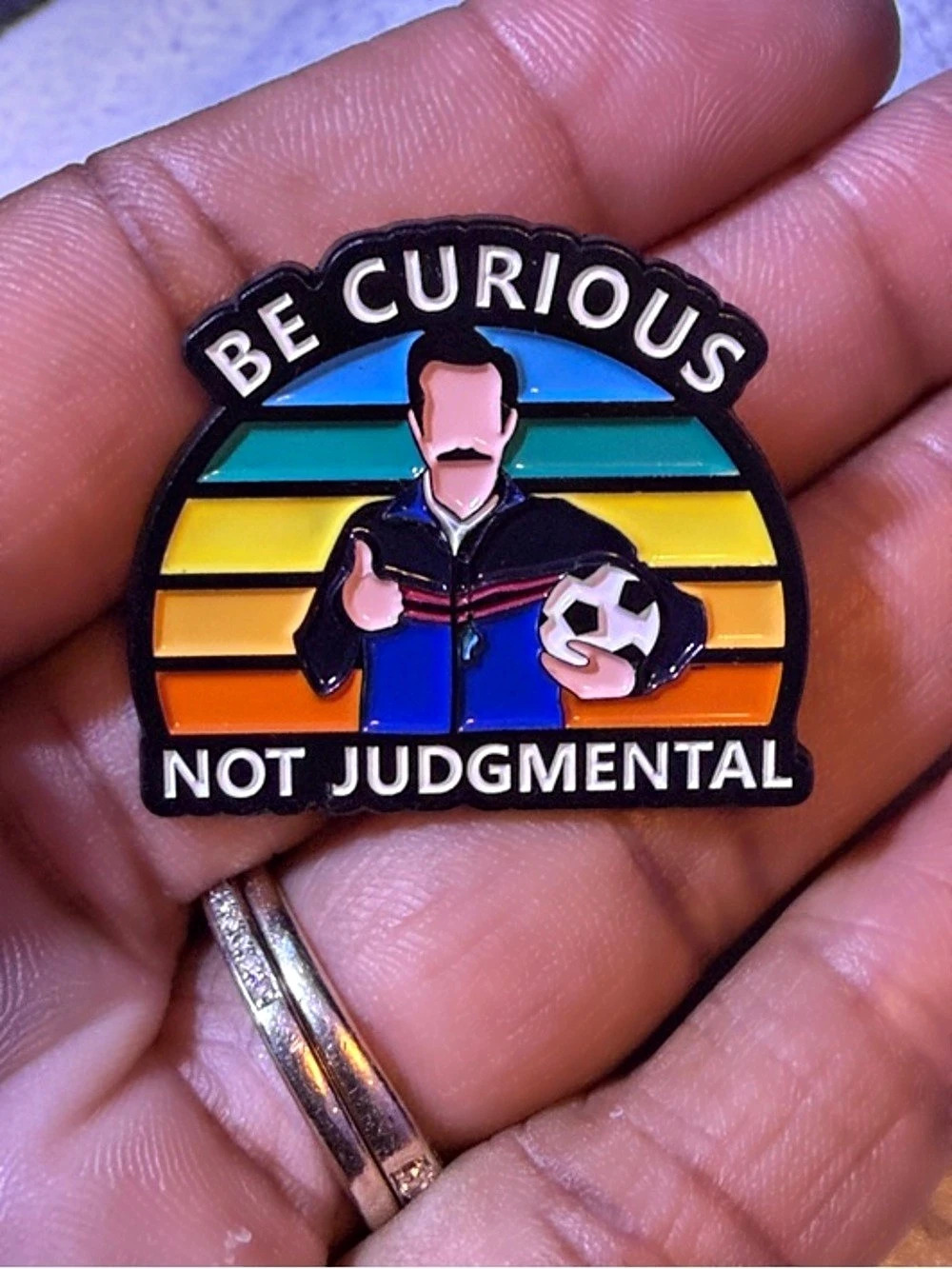 Ted Lasso Be Curious Not Judgmental Enamel Pin Brooch Blue & Black